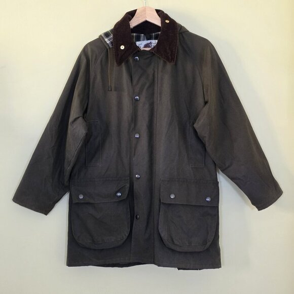 VTG Lavenir Wax Chore Coat Men 36 Military Green LS Lined Cotton Equestrian Hood - Picture 2 of 16